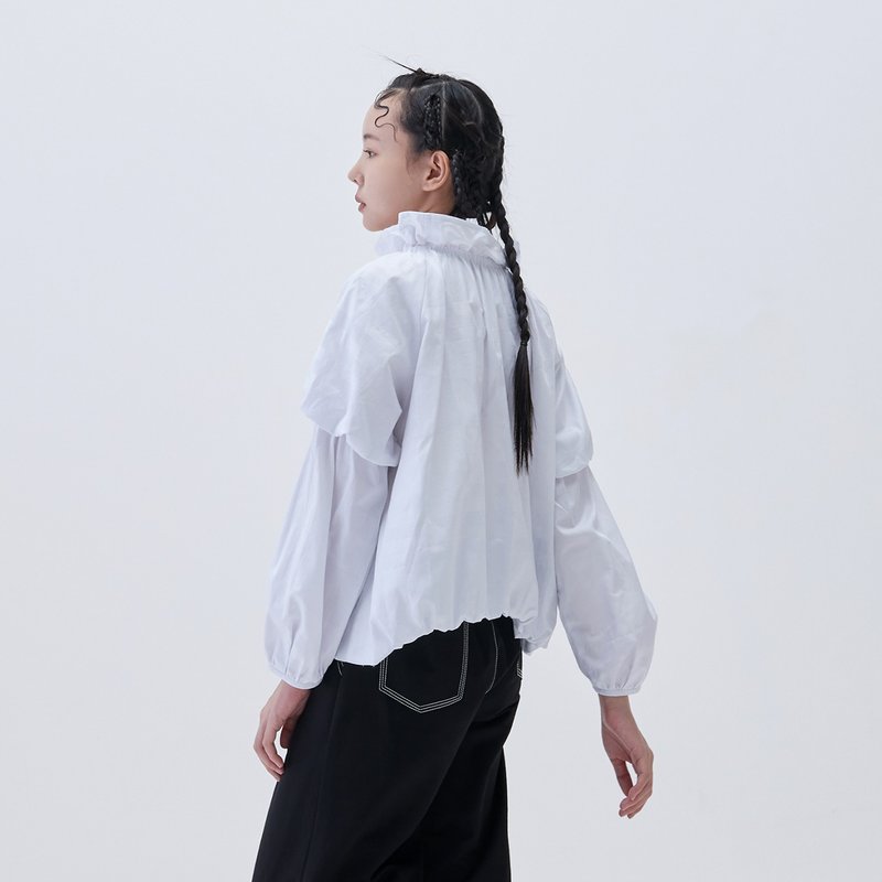 立體雙層泡袖上衣 - 女上衣/長袖上衣 - 棉．麻 白色