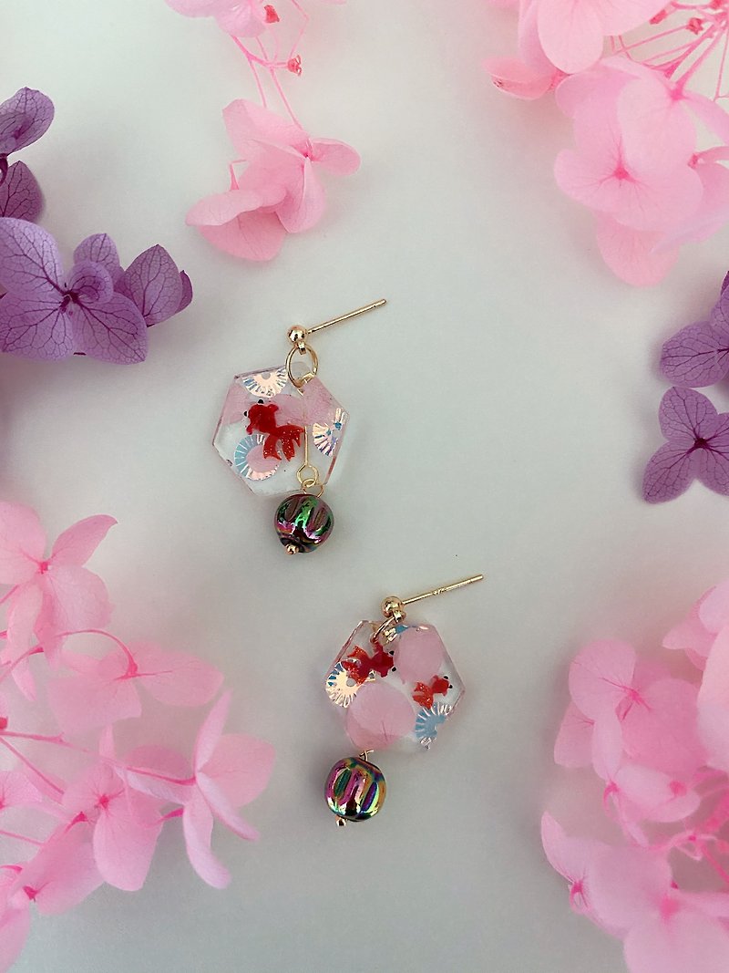 Resin Earrings & Clip-ons Pink - Sakura pink goldfish, earrings, Clip-On