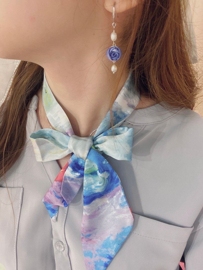 Re-Re Twilly瑰莉絲質絲巾—油畫系列 - 絲巾 - 絲．絹 藍色