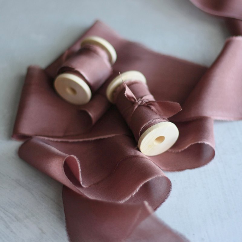 Old Wine Silk Ribbon | Hand Dyed Silk ribbon on Wood Spool - วัสดุห่อของขวัญ - ผ้าไหม สีม่วง