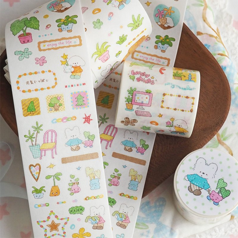 小狗巴士VOL.15 可愛小狗植物系列 和紙特油模切貼紙卷 - 膠紙/膠帶/紙膠帶 - 紙 多色