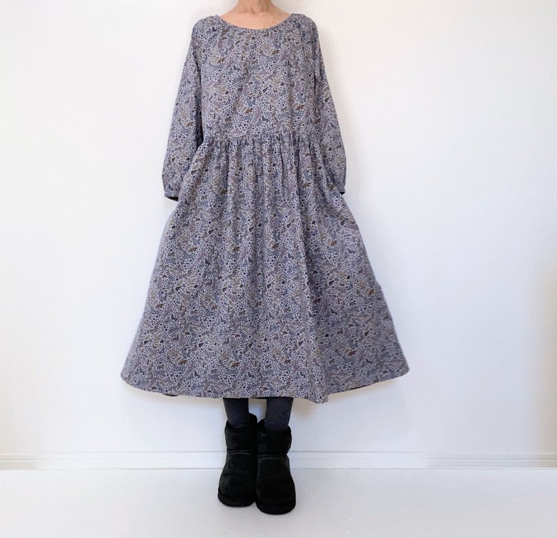 liberty fabrics 　corduroy　forest animal long sleeve dress　cotton Gray - One Piece Dresses - Cotton & Hemp Gray