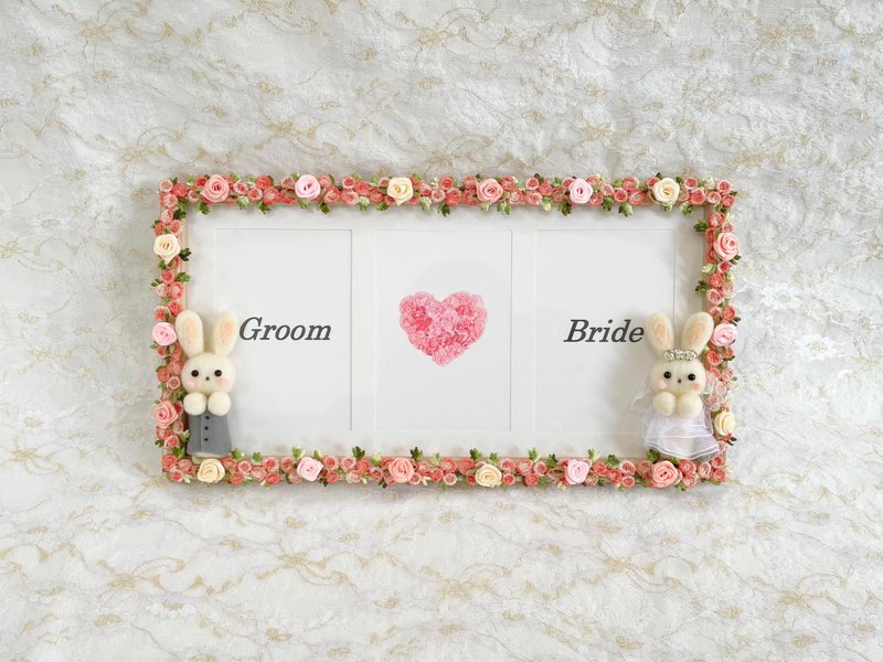 Bride and Groom Rabbit Photo Frame, Large Size, Triple, Panorama Photo Size - กรอบรูป - ไม้ สึชมพู