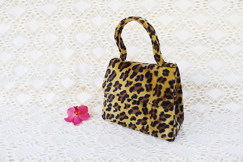 puremorningvintage 90s Leopard Cheetah Fur Top handle mini handbag, Kelly fluffy bag, Y2K