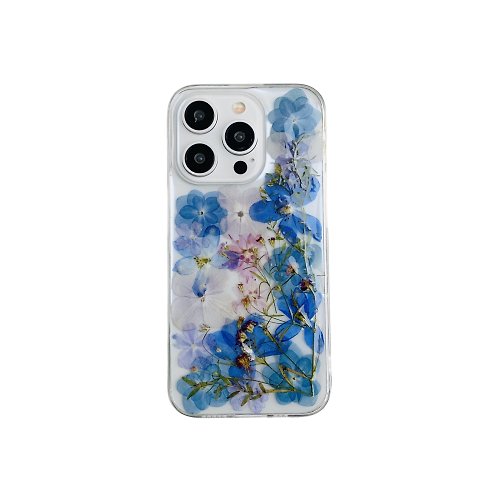 FeimeiPresents 藍色小飛燕繡球花 手工押花手機殼適用於iPhone Samsung Sony LG