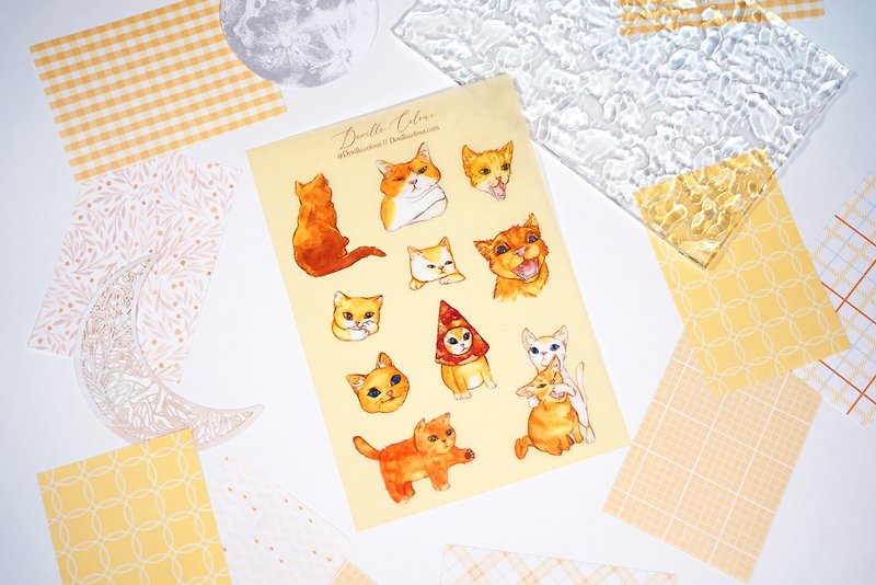 【啊啊啊貓】和紙 水彩 插畫 手帳貼紙 可愛 貓貓 - 貼紙 - 紙 黃色