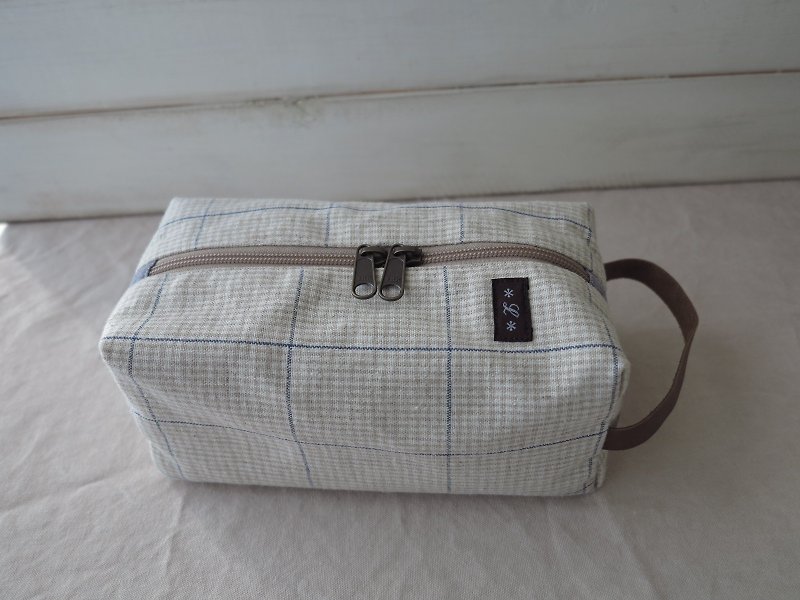 [Linkkimokki] home's face paper bag (milk tea fine grid / blue grid) - Other - Cotton & Hemp Khaki