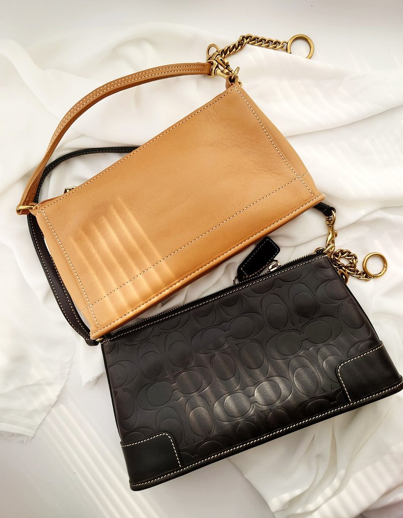 中古美品 COACH 棕橘牛皮 單肩袋單肩包麻將包腋下包手提包手拿包 - 側背包/斜背包 - 防水材質 橘色