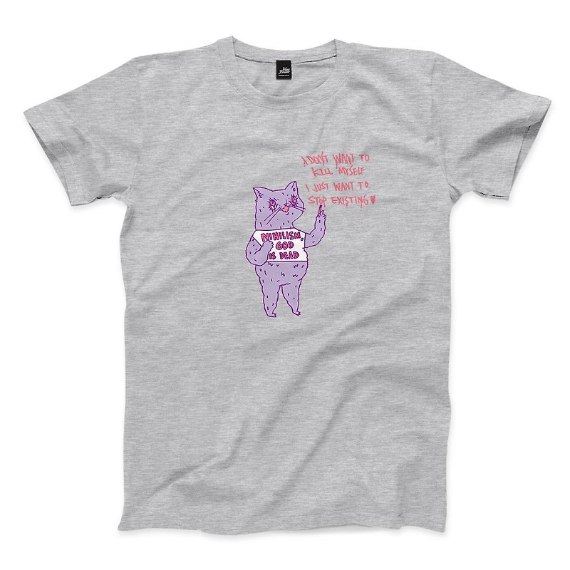 Nihilism Cats -グレーのリネン- ニュートラル T シャツ - Tシャツ メンズ - コットン・麻 グレー
