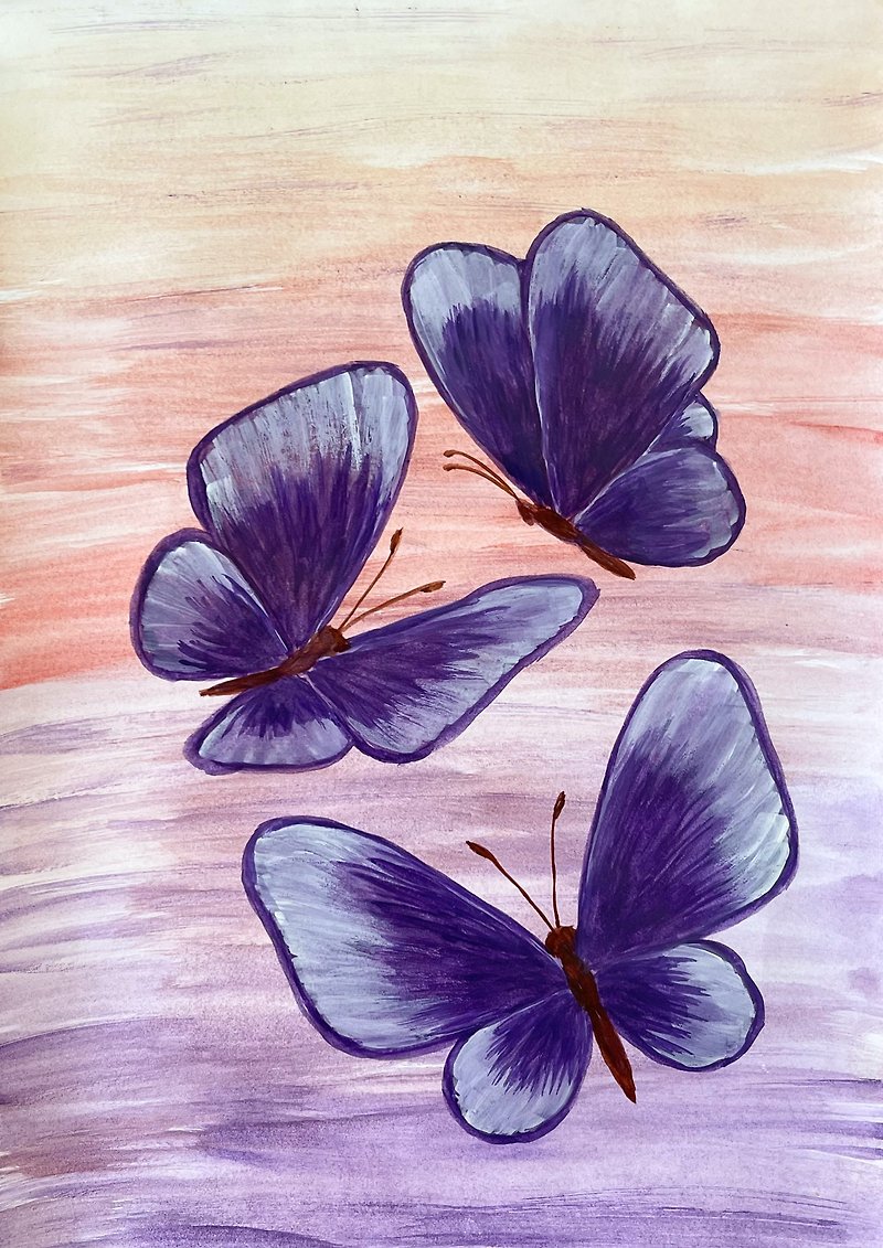 Purple butterflies on a lilac-peach background. Watercolor.