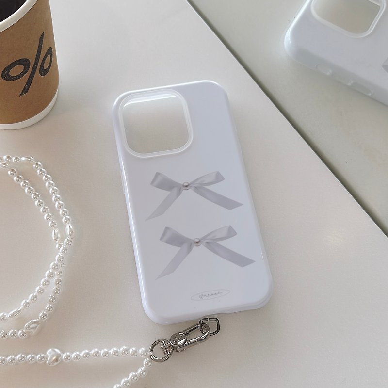 Tied with Love Bow Korean double-layer soft and hard two-in-one protective case - Phone Cases - Plastic White