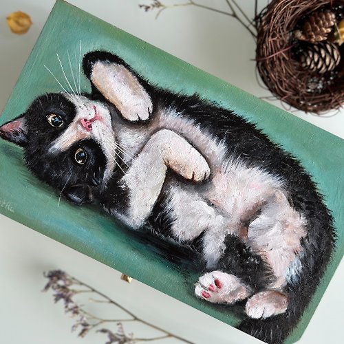 安娜森林藝術 Hand-painted wooden box Tuxedo Cat, Storage wood box with lock, Big jewelry box