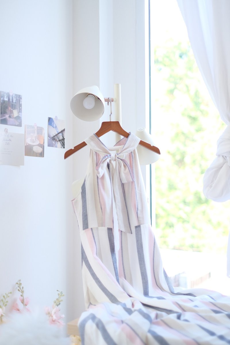 Striped Maxi dress Cotton Linen dress Spring Summer dress Sleeveless dress - 洋裝/連身裙 - 聚酯纖維 白色