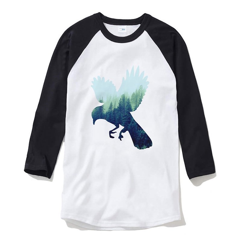 Bird Forest 中性 七分袖T恤 白黑色 鳥 森林 自然 - 男 T 恤 - 棉．麻 白色