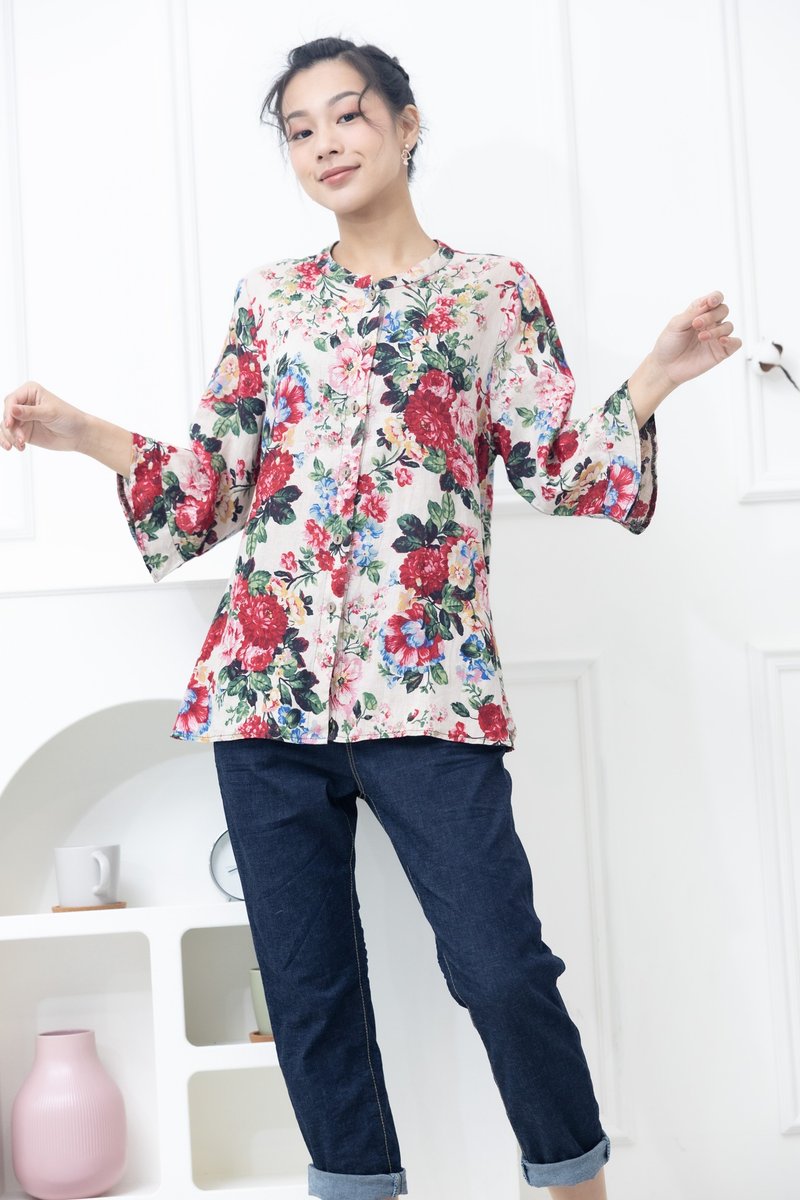 Red Rose Pollen Flower Long Sleeve Top Khaki - เสื้อผู้หญิง - วัสดุอื่นๆ สีกากี