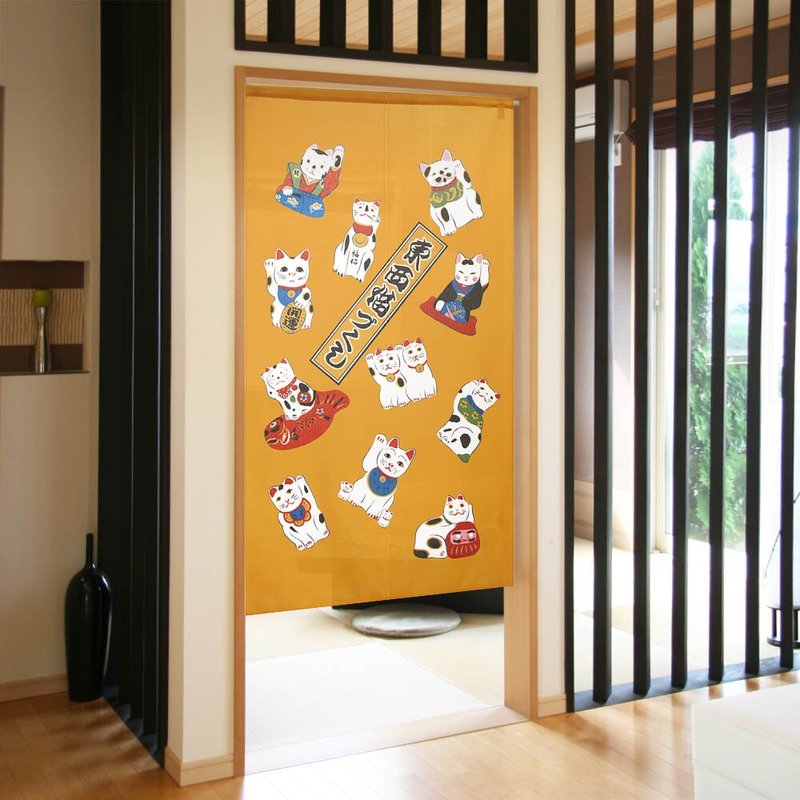 【Pre-order】Japanese-made Lucky Cat Long Noren Curtain - Doorway Curtains & Door Signs - Polyester Orange