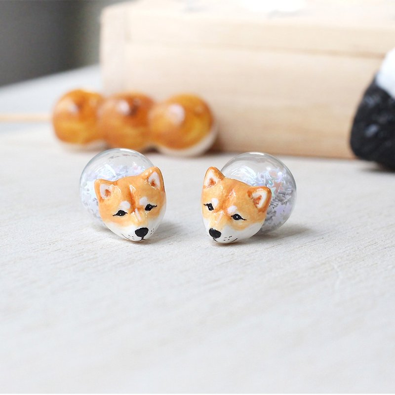 Shiba Inu Dog earrings, Double sided Earrings, Glass Ball Earrings - 耳環/耳夾 - 黏土 咖啡色