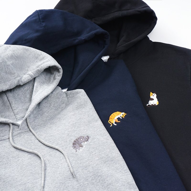 【Make Your Own】Cat Embroidery Hoodie - 3 color options (Customized) - Unisex Hoodies & T-Shirts - Cotton & Hemp Gray