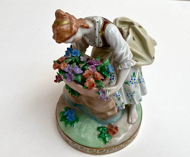 German Meissen Porcelain Figurine of Lady with Basket of Flowers