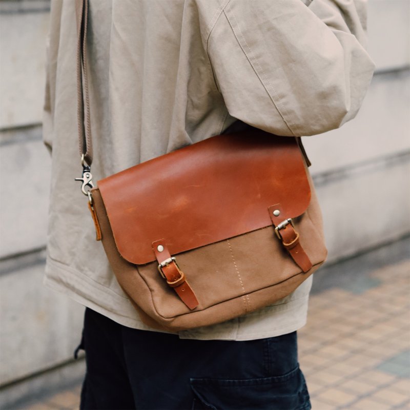 sobag handmade personality tide brand leather messenger shoulder bag men's unisex retro flip commuter canvas messenger bag - Messenger Bags & Sling Bags - Cotton & Hemp Brown