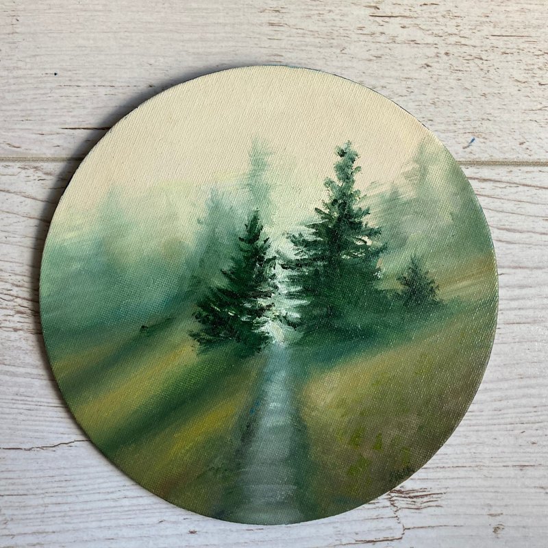 Small Original Tree Painting, Fog Art, Landscape Painting,Round Oil Painting - 海報/掛畫/掛布 - 棉．麻 綠色