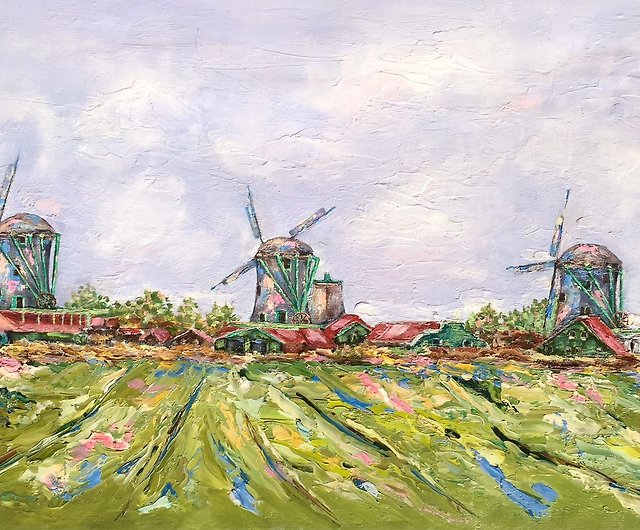 風車のあるオランダの風景 山水絵画 花スケッチ 油絵 花田 オリジナル
