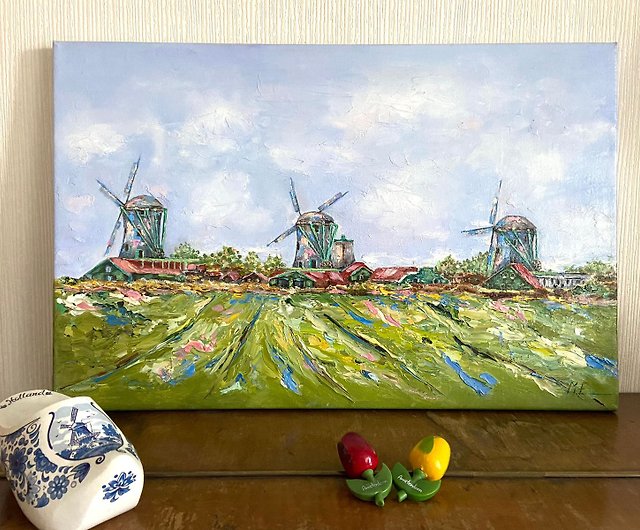 風車のあるオランダの風景 山水絵画 花スケッチ 油絵 花田 オリジナル
