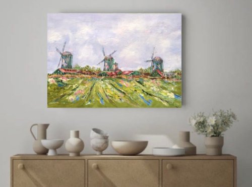 風車のあるオランダの風景 山水絵画 花スケッチ 油絵 花田