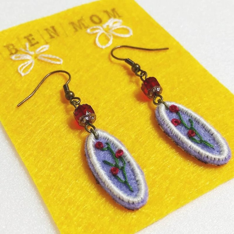 Joe limited edition hand embroidery earrings ear hook - Earrings & Clip-ons - Thread Purple