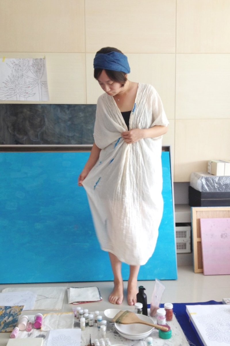 寄生刺繍ドレス/波の光 - ワンピース - コットン・麻 ブルー