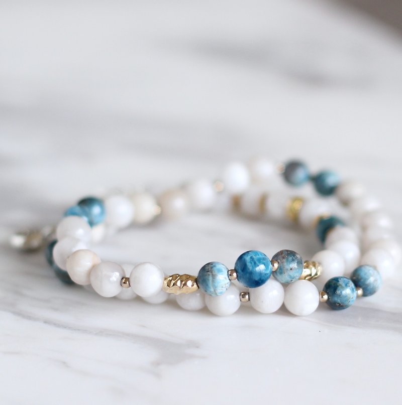Out-of-print .. Ashefa Ashefa Natural Mineral Rosary Bracelet Sky Mystery White Onyx Calm Energy Purified 24K Gold Pure Brass Fitting Hand-Made Double-Strap Bracelet Bracelet - Bracelets - Gemstone White