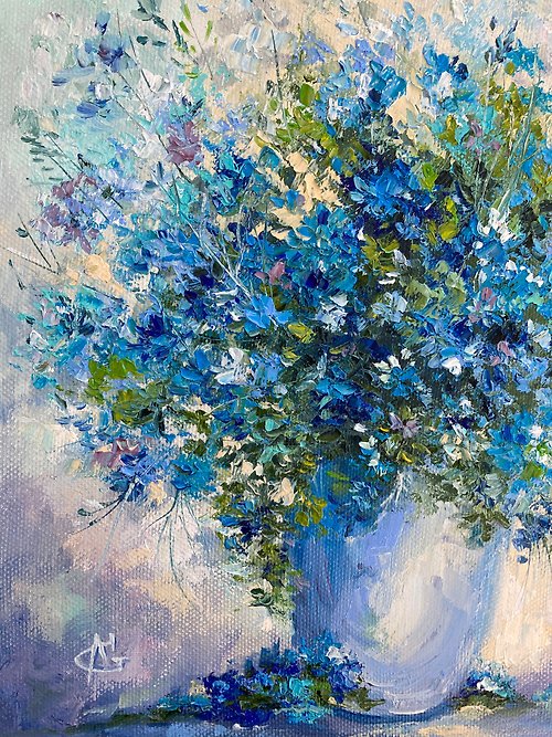 Small wall art Blue flower painting canvas Mini painting forget me not  flowers - Shop Artpainting Wall Décor - Pinkoi