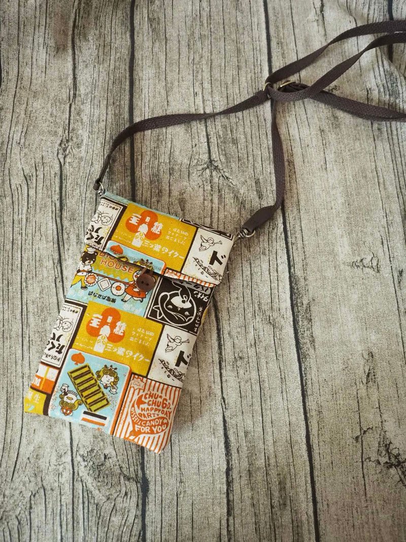 Handmade Phone case with Adjustable strap, Japanese vintage pattern - Messenger Bags & Sling Bags - Cotton & Hemp Orange