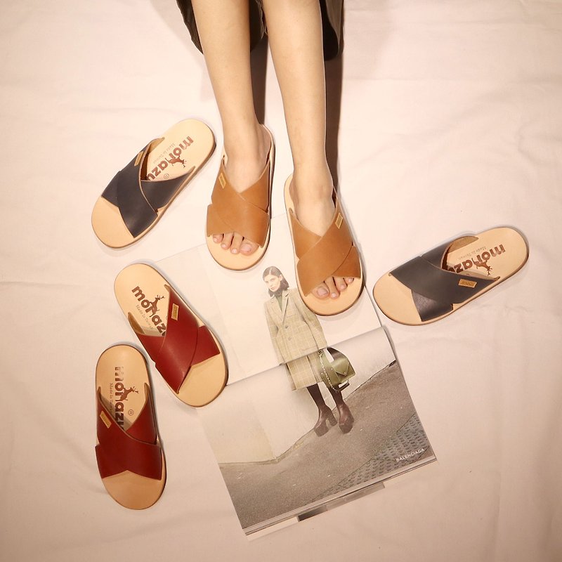 Wenqing Daily Vegetable Tanned Leather Slippers Sandals Brown Navy Blue Dark Red - รองเท้าแตะ - หนังแท้ สีนำ้ตาล