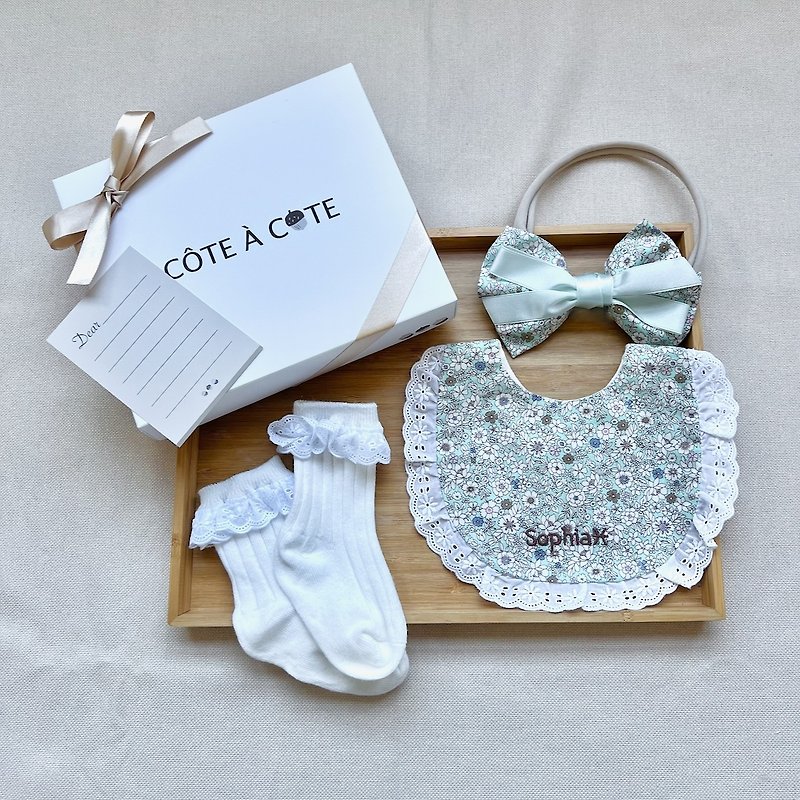 [Customized Embroidery - Mid-Moon Gift Box] Flower Sea Picnic Date Lace Ruffle Floral Mouth Towel - Baby Gift Sets - Cotton & Hemp Green