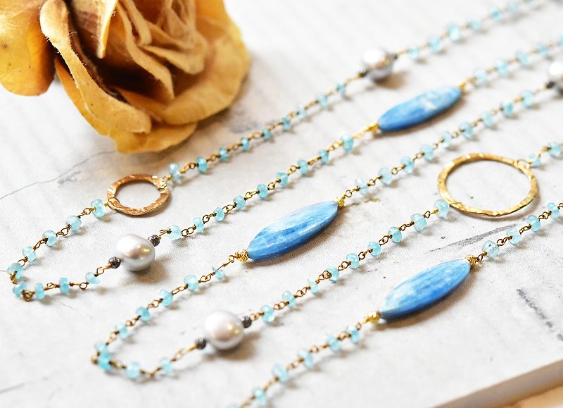Natural Stone 14kgf Lightweight Long Chain - Natural Pearl Blue Chalcedony - Long Necklaces - Gemstone Gold
