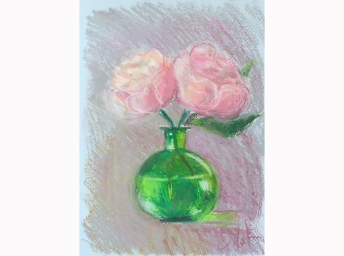 Nataly Mak Pink Peony Painting Abstract Flowers in Vase Original Wall Art Floral Oil Pastel