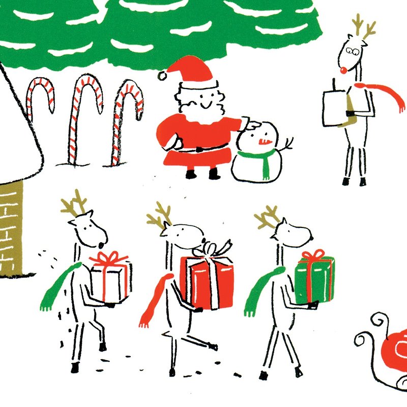 聖誕卡-2021聖誕老人與麋鹿日常聖誕明信片10號-麋鹿上工 - 心意卡/卡片 - 紙 金色