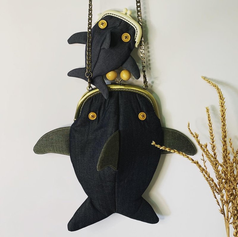 鯊魚包包 鯊魚口金包 鯊魚零錢包【交換禮物】 - 側背包/斜背包 - 棉．麻 藍色