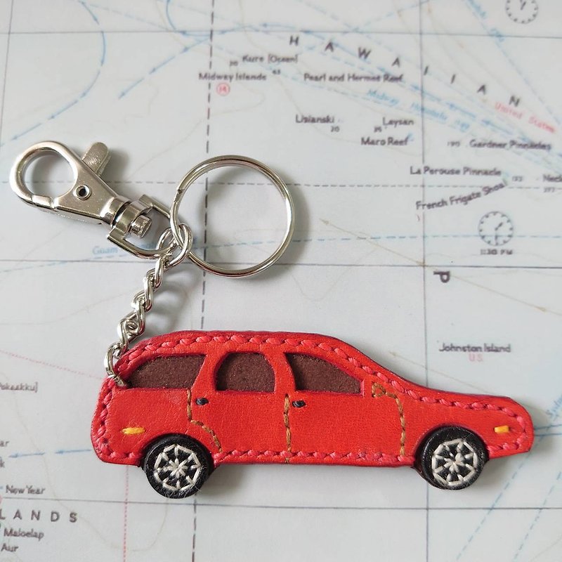 RV Shaped Leather Key Ring (Red) - Hand Stitched