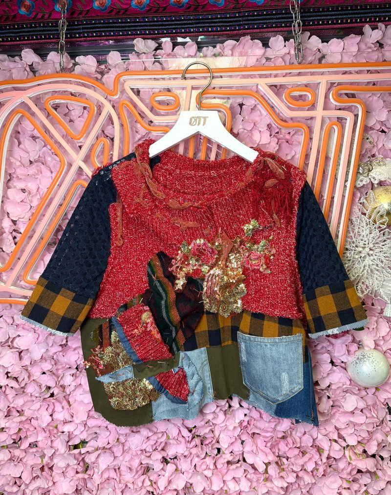 OTT獨一無二•Unique日系柔和紅晚裝宴會閃耀手工刺繡上衣 - 女上衣/長袖上衣 - 羊毛 紅色