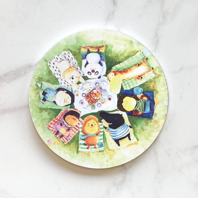 【Smile animal series – Picnic animals】liquid absorbing ceramic coaster - Coasters - Pottery 
