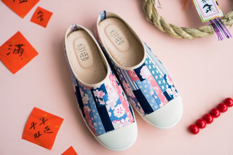 [Lazy Day] Xiaoximei Japanese floral fabric outdoor loafers - รองเท้าแตะ - ผ้าฝ้าย/ผ้าลินิน สึชมพู