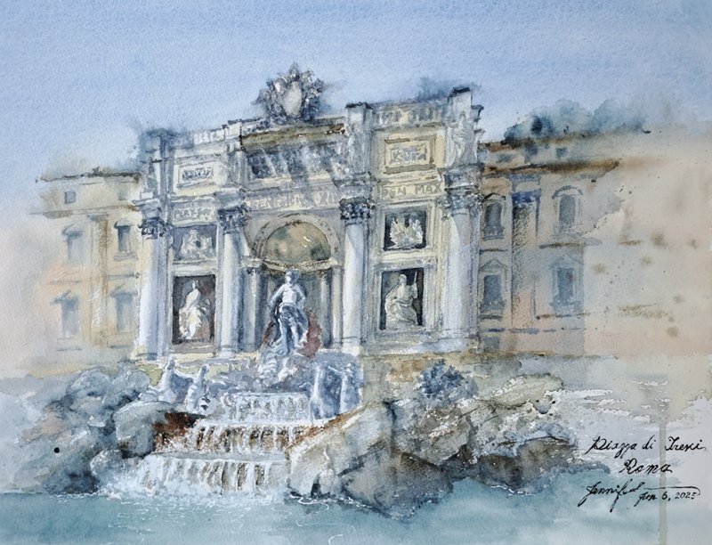 ローマ トレヴィの泉 手描き水彩画（額縁付き） - ポスター・絵 - 紙 