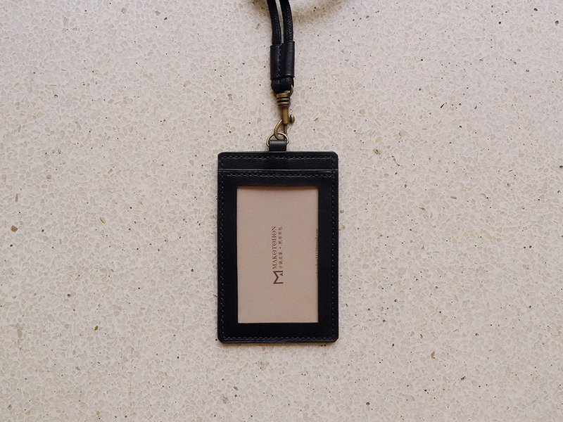 Hand-stitched black cowhide leather ID card holder - ที่ใส่บัตรคล้องคอ - หนังแท้ สีดำ