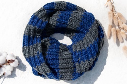 omhandmade 手織純羊毛圍巾/針織圍巾/鉤織條紋圍巾/手工針織圍巾-藍灰條紋