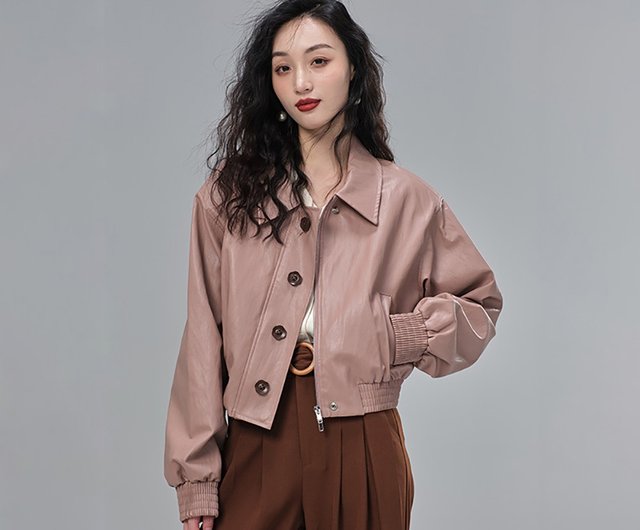 New autumn short pink eco-friendly leather long-sleeved