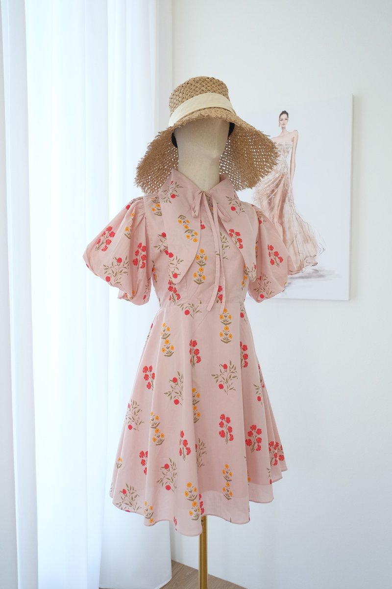 Pink soft cotton summer dress Polo with dolly sleeve party vintage sundress - 洋裝/連身裙 - 棉．麻 粉紅色