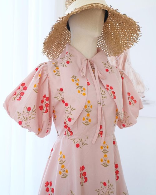 KEERATIKA Pink soft cotton summer dress Polo with dolly sleeve party vintage sundress