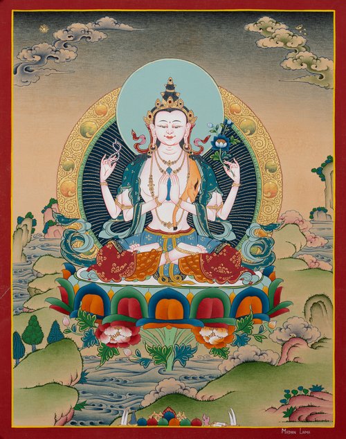 絹キャンバスのチベットのタンカ絵画、四腕の観音像、ホーム